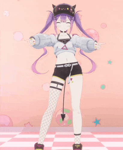 a girl with purple hair and a devil tail is dancing
