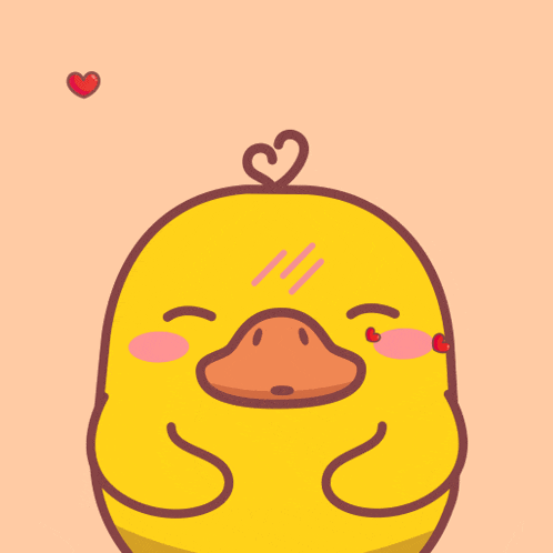 a cartoon duck with a heart on its head and the words thank you above it