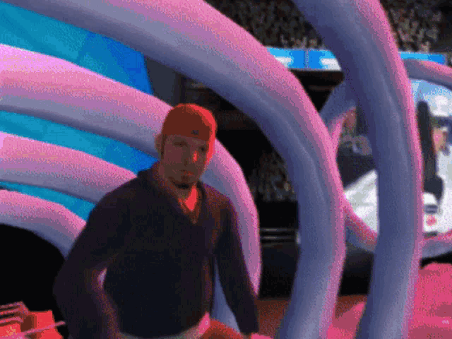 a pixelated image of a man standing in front of a purple archway