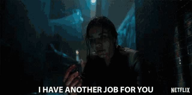 a woman in a dark room with blood on her face is holding a knife and says i have another job for you .