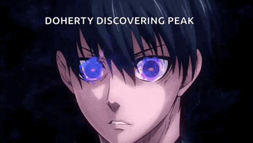 a picture of a boy with blue eyes and the words doherty discovering peak above him
