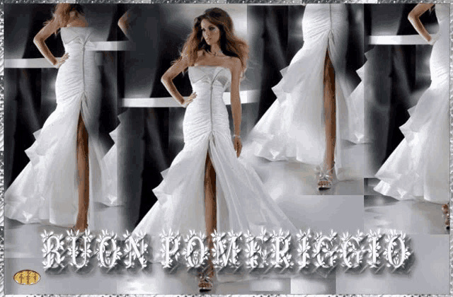 a picture of a woman in a white dress with buon pomeriggio written on the bottom
