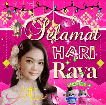 a woman is on a pink background with the words selamat hari raya on it