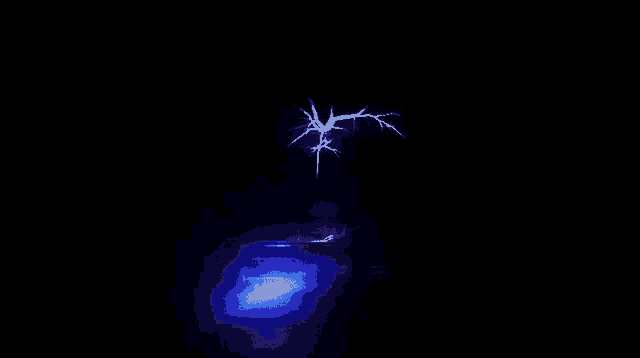 lightning strikes in the night sky with a blue light in the foreground