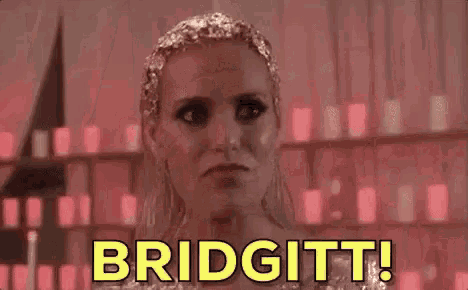 a woman is drinking champagne from a glass and saying `` bridgitt ! ''