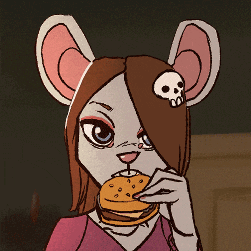 a cartoon character with a skull on her head is eating a hamburger