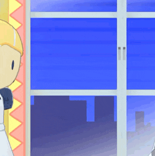 a cartoon character standing in front of a window with a city in the background