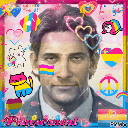 a picture of a man surrounded by pansexual stickers