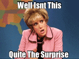 a woman in a pink jacket with a surprised look on her face says well isnt this quite the surprise