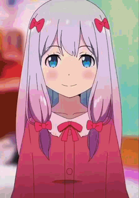 a girl with white hair and blue eyes is smiling