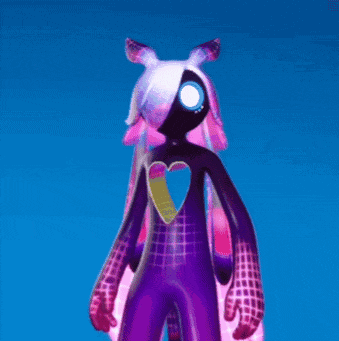 a purple and pink cartoon character with a heart in the chest .