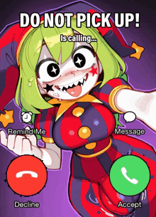 a cartoon of a girl in a jester costume that says do not pick up