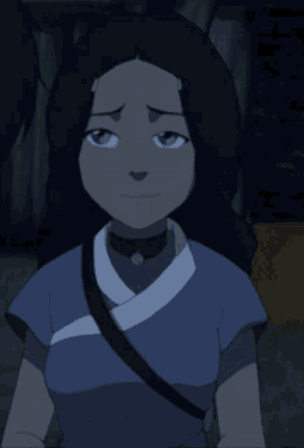 a close up of a cartoon character with blue hair and a choker around her neck