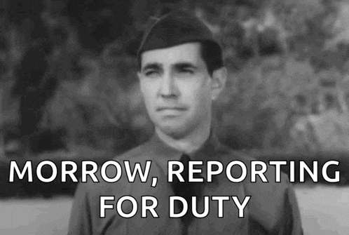 a black and white photo of a man with the words morrow reporting for duty
