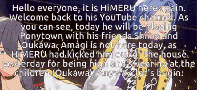 a poster that says hello everyone it is himeru here again and welcome back to his youtube channel