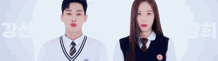 a man and a woman are standing next to each other with korean writing on the background