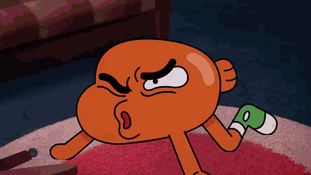 darwin from the amazing world of gumball is making an angry face and holding a can