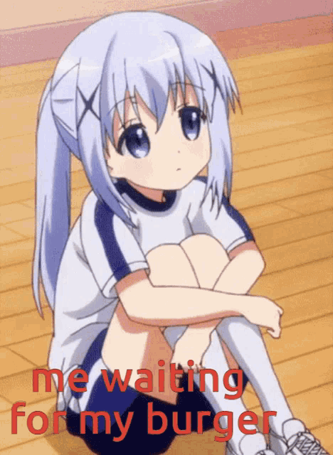 a picture of a girl sitting on the floor with the words " me waiting for my burger "