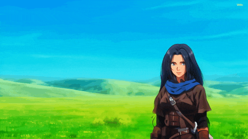 a woman with long black hair is standing in a grassy field
