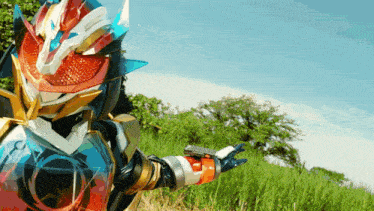 a cartoon character is standing in a field with a gun in his hand