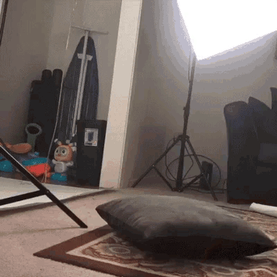 a black pillow sits on a rug in a living room next to an ironing board
