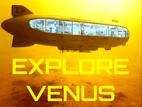 a poster that says explore venus with a zeppelin in the background