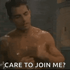 a shirtless man is taking a shower and asking if he can join him .