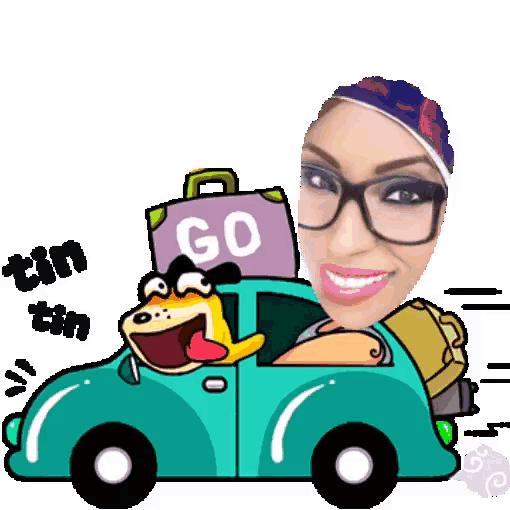 a woman is driving a blue car with a dog and a suitcase that says go