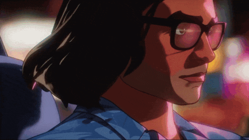 a cartoon of a man wearing glasses with a purple background