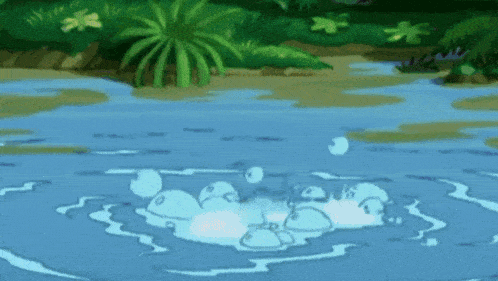 a cartoon drawing of a body of water with bubbles in it