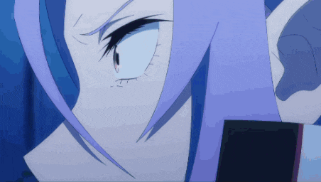 a close up of a purple haired anime character