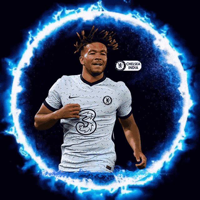 a soccer player in a chelsea india jersey is surrounded by blue flames
