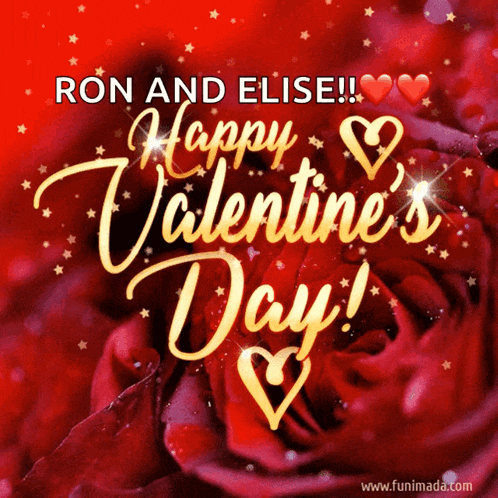 a valentine 's day card for ron and elise with red roses in the background