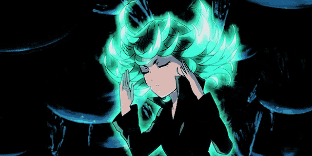 a girl with green hair and blue eyes is flying in the air