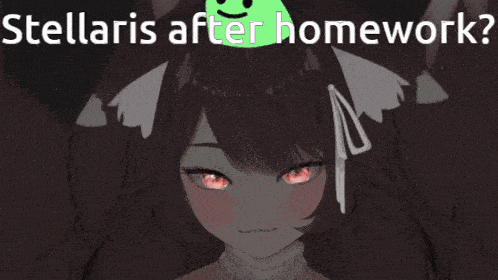 a drawing of a girl with red eyes and the words " stellaris after homework " above her