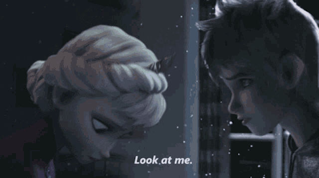 a cartoon of elsa and jack looking at each other with the words look at me