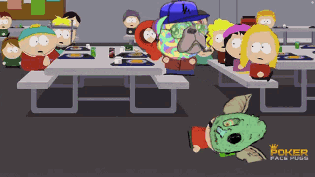 a group of south park characters are sitting at tables in a cafeteria