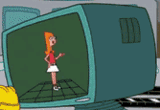 a computer monitor with a cartoon of a girl on it