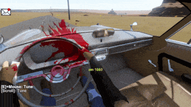 a person in a car with blood on the steering wheel and a message that says mouse tune scroll tune