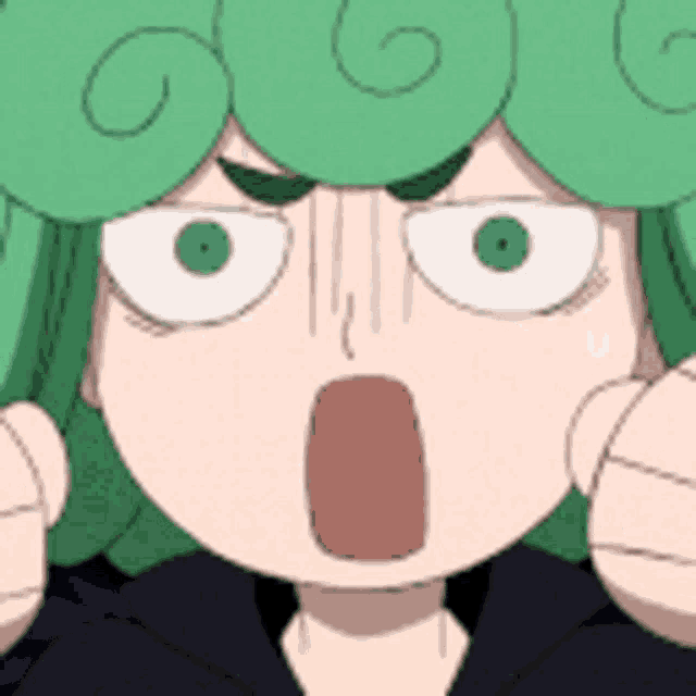 a close up of a cartoon character with green hair making a surprised face .