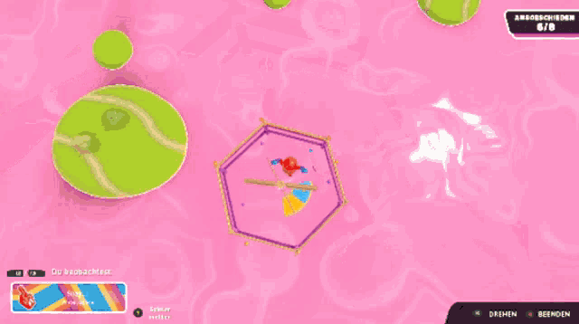 a screenshot of a video game with a rainbow colored background and a red character on it