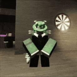 a cartoon character is standing in front of a dart board in a dark room