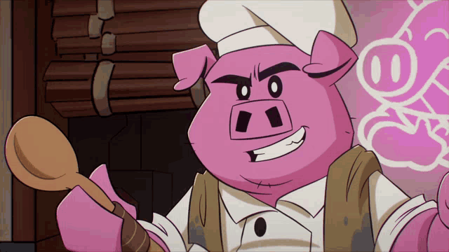 a cartoon pig is wearing a chef 's hat and holding a spoon