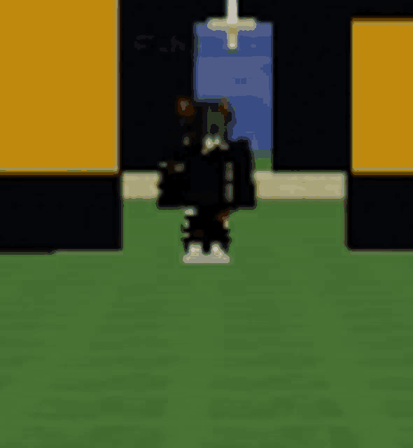 a video game character is standing in front of a door .