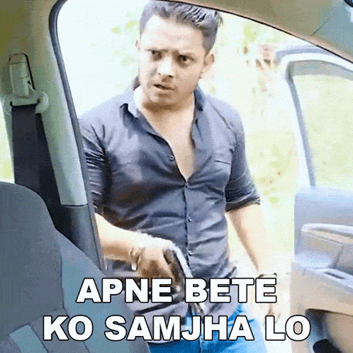 a man in a black shirt is getting out of a car with a caption that says apne bete ko samjha lo