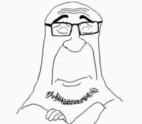 a black and white drawing of a man with glasses and a mustache .
