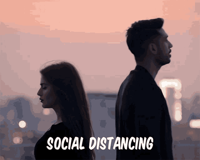 a man and a woman are standing back to back and the words social distancing are above them