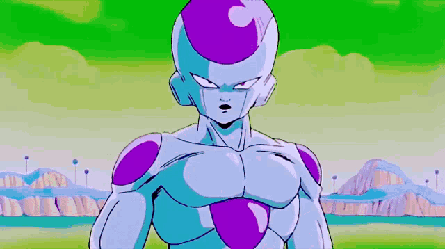 a cartoon character with a purple head is standing in a field