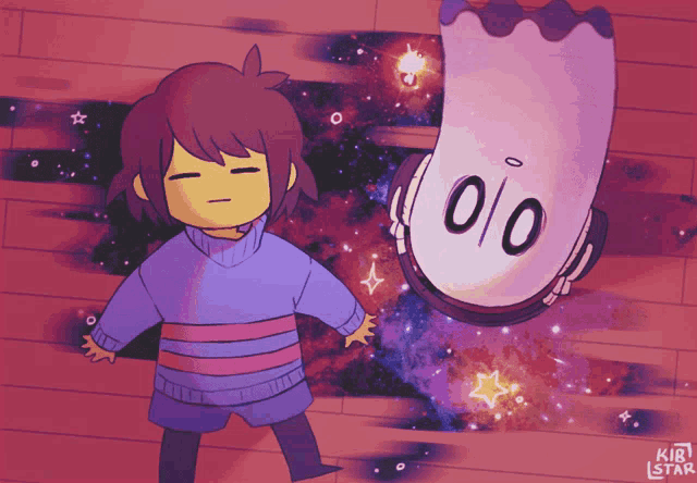 a drawing of a girl standing next to a ghost that says 0/0 on it