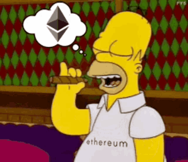 homer simpson is smoking a cigar and thinking about etherium